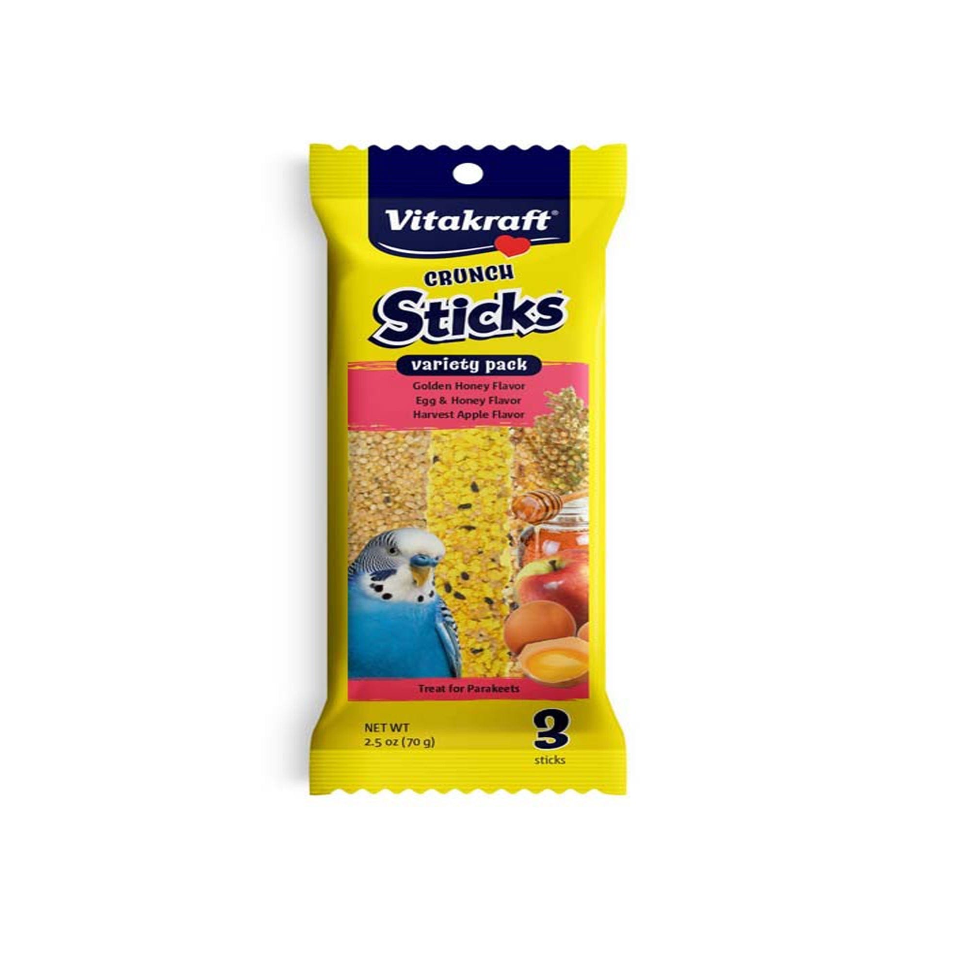 Vitakraft Crunch Sticks Variety Pack Golden Honey Flavor, Egg & Honey Flavor, Harvest Apple Flavor Treat for Parakeets 3 Sticks 2.5 oz.
